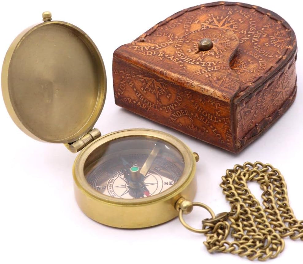 RII Antique Nautical Vintage Directional Magnetic Compass with Famous Scripture Quote Engraved Baptism Gifts with Leather Case or Wooden Case for Dad from Son, Daughter