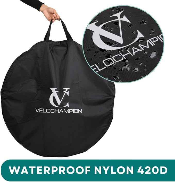 VeloChampion Waterproof Bicycle Wheel Bag Storage Cover | Mountain, Road or Gravel Bike | 650b. 700c. 26” 27.5” 29” Bicycle Wheelset Transport Travel Case (Black, 28.74" (Road) x2)