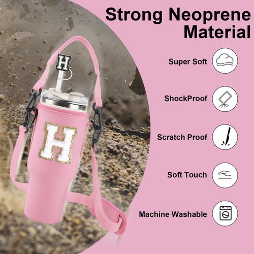 XSUIOY Initial Water Bottle Carrier with Strap for Stanley 40 oz Tumbler,Personalized Cup Holder with 2 Straw Topper Cover&2 Letter Charm for Stanley Cup Accessories(pinkH)