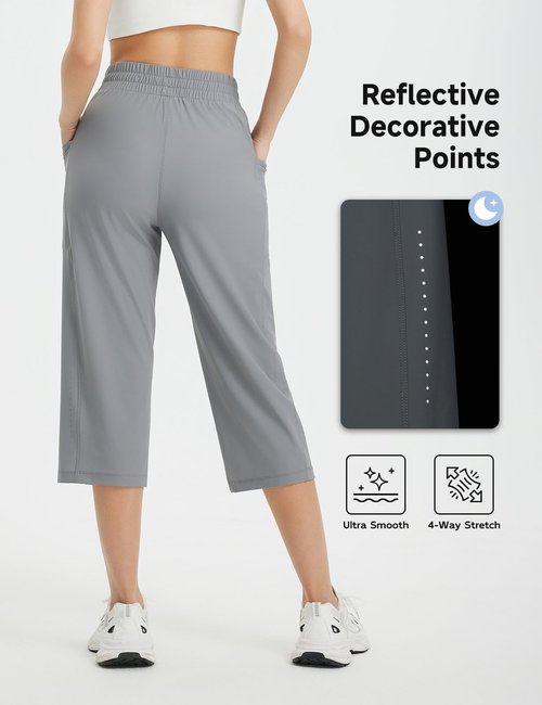 baleaf Women's Athletic Capri Pants Lightweight Quick Dry Stretch Zipper Pocket Travel Casual Outdoor UPF 50+ Gray L