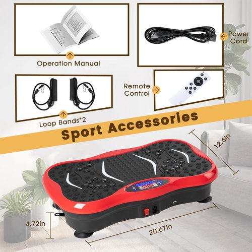 Vibration Plate Exercise Machine for Whole Body Workout - Home Fitness Vibrating Platform with Resistance Bands - Improve Circulation, Muscle Tone & Bone Density - Supports Up to 330 lbs（Red）
