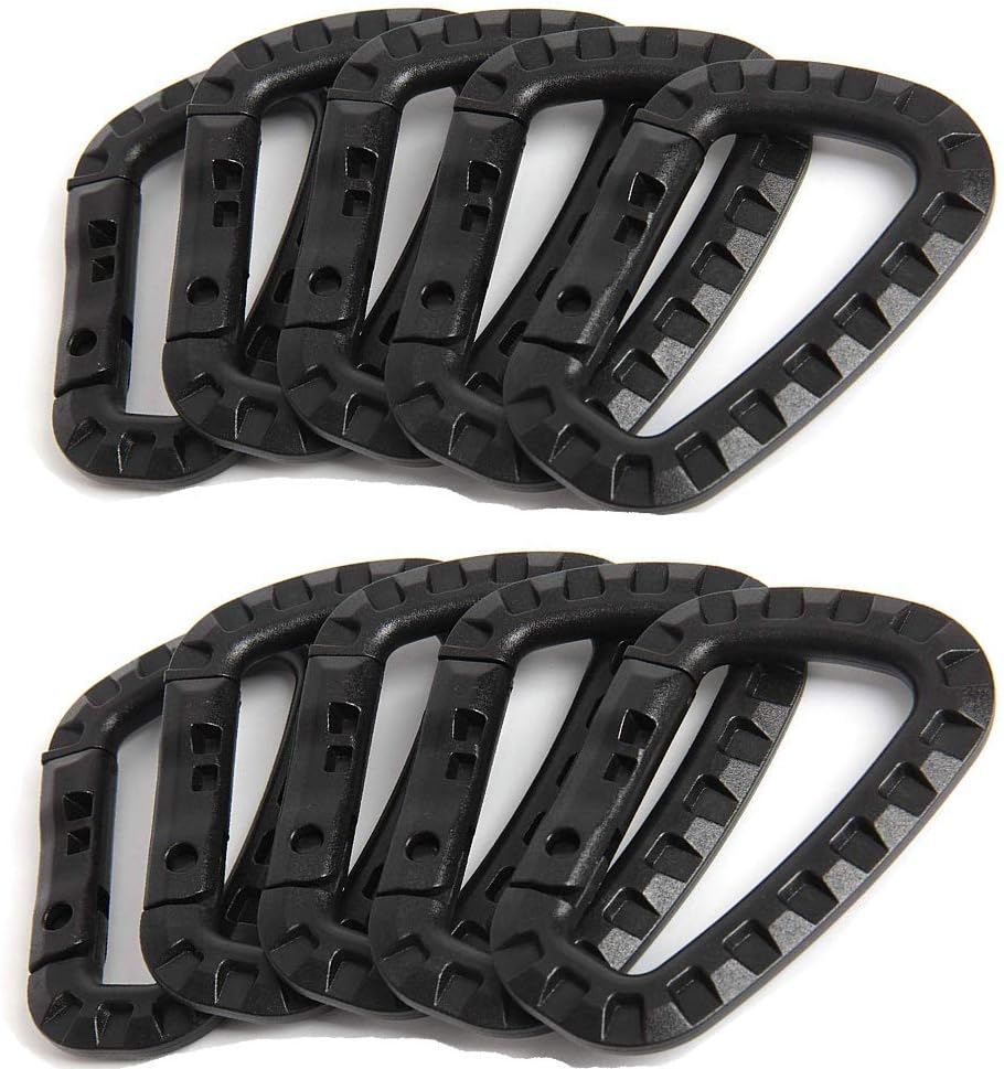 Tactical Carabiner Keychain - 10 Pack Hard Polymer Carabiners D Rings Light Weight Spring Snap Gear Clip Utility Hooks Backpack Hanging Buckle for Outdoor Travelling Camping Hiking Fishing Black