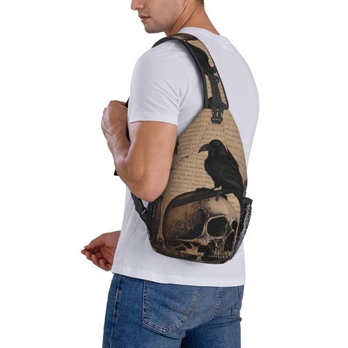 PVTIONXIE Edgar Allan Poe The Raven Skull Crossbody Chest Bags for Women, Small Crossbody Shoulder Bag Sling Bag Travel Hiking Daypack