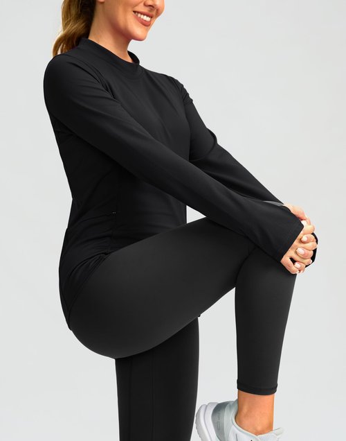 SANTINY Long Sleeve Thermal Shirts for Women Fleece Mock Neck Tops Winter Workout Running Gear with Zipper Pockets(Black_M)