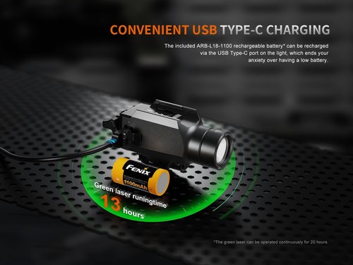 Fenix GL23R 1200 Lumen Rail Mounted Tactical Flashlight, USB-C Rechargeable, Compatible with 1913 or GL Rail with Green Beam and Organizer