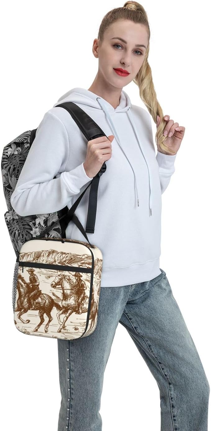 Western Desert Cowboy Vintage Insulated Lunch Bag Reusable Cooler Lunch Box Portable Leakproof Thermal Container Tote Bags for Girls Boys School Travel