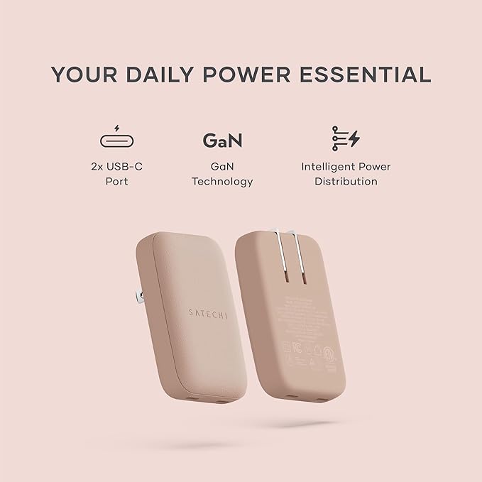 Satechi OntheGo 67W Wall Charger, GaN USB C Travel Charger with 2 USB-C PD Fast Charging Ports, for MacBook Pro/Air, iPad Pro/Air, iPhone 16, Steam Deck, Galaxy, Windows – Desert Rose