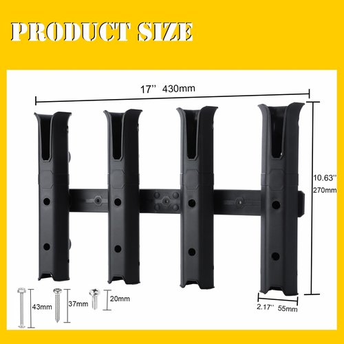GearTrust 4-Tube Adjustable Fishing Rod Holder Bracket, Self-Adhesive Fishing Pole Holders for Garage Wall Mounted Fishing Rod Holders for Fishing Boat Wagon Golf Cart Crate Cooler ATV Trailer- Black