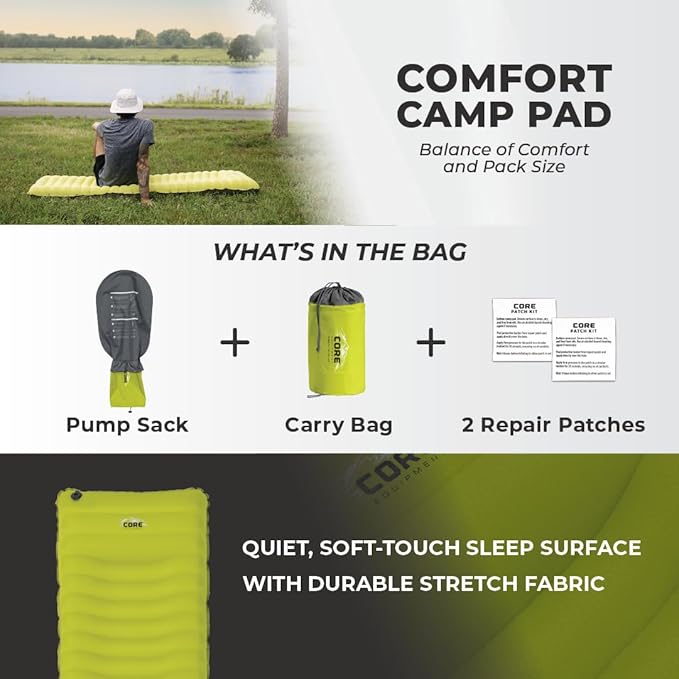 CORE Sleeping Pad for Camping | Perfect Ultralight Sleeping Mat for Tents & Camping Gear | Lightweight & Inflatable Blow Up Mattress for Travel, Hiking & Outdoor Use