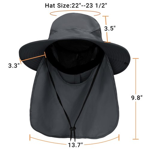 PFFY Sun Bucket Hats for Men Women 3” Wide Brim UPF 50+ Fishing & Beach Hat Darkgray (with Neck Flap)