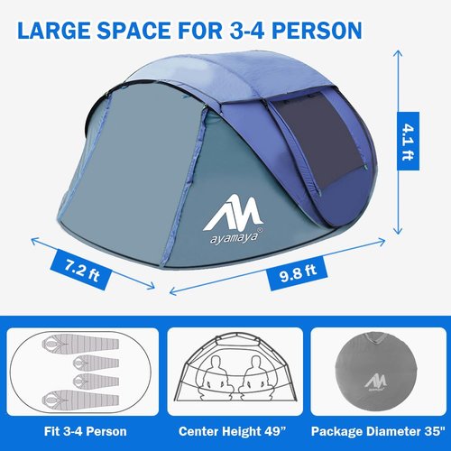Tent Fan + Pop Up Tent, 4 Person Waterproof Tent & Rechargeable Camping Tent Fan with LED Light & Remote Control for Camping