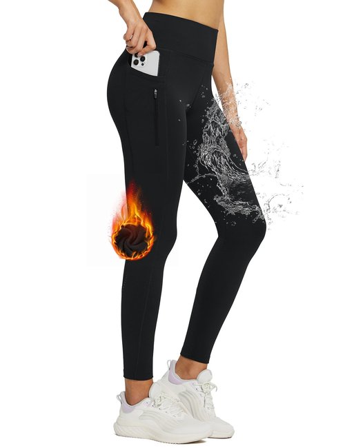 baleaf Fleece Lined Leggings Women Waterproof Thermal Pants Winter Workout Running Tights with Pockets Cold Weather Gear Black S