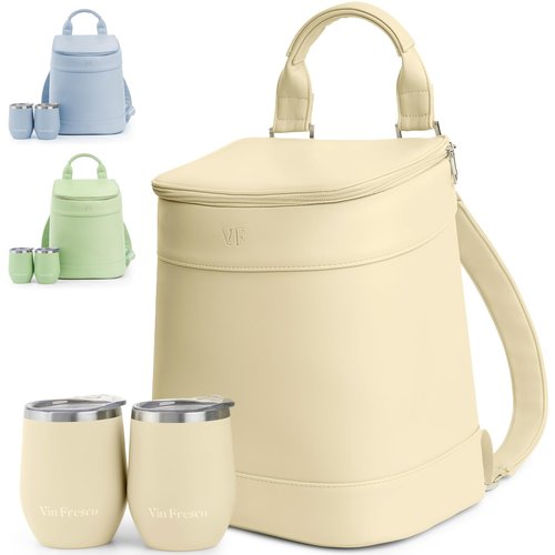 Insulated Cooler Backpack with 2 Stainless Steel Wine Tumblers – Leakproof & Spillproof Stylish Vegan Leather Picnic Cooler Bag – Lightweight & Portable – Holds 24 Cans or 6 Wine Bottles (Beige)