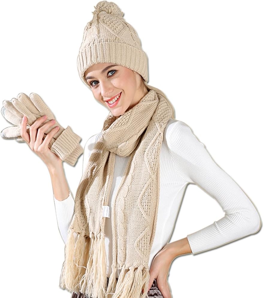 Winter Hat Gloves Scarf Set for Women, Cable Knit Beanie Pom Cap Touch Screen Glove Long Scarf 3PCS Winter Gift for Women Men