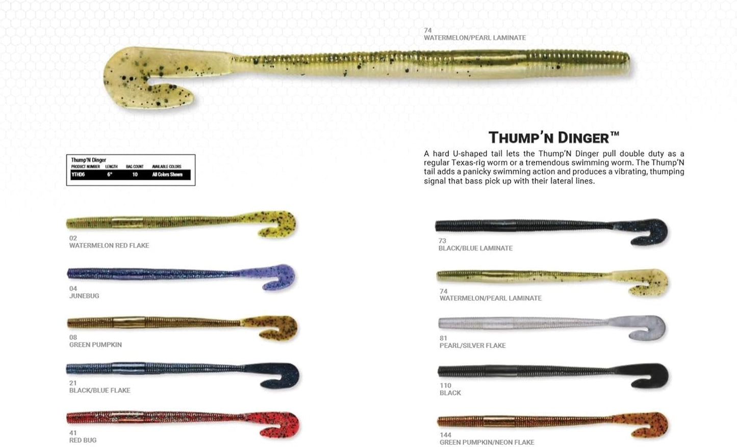 Yum Lures Thump'N Worm Soft P;astic Swim Bait U-Tail Fishing Lure, 10 per Pack, Black/Blue Flake