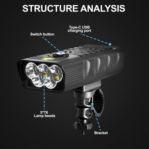 1800 Lumen Bike Lights, 5 LED Bike Light for Night Riding, USB-C Rechargeable Bicycle Light, 4 Modes, IPX5 Waterproof Bicycle Headlight for Adult Kid Mountain