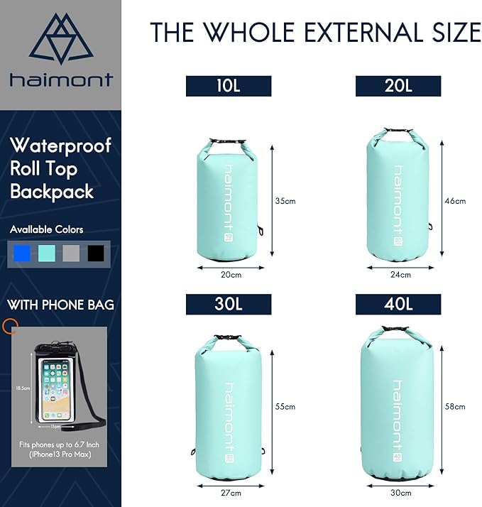 Haimont Waterproof Dry Bag Floating Dry Sack Roll Top Drybag Backpack for Kayaking, Rafting, Boating, Fishing with IPX8 Waterproof Phone Case, Aqua Green, 30L