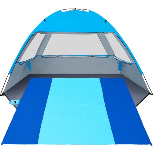 Gorich Beach Tent Sun Shelter with UV UPF50+ Protection for 6-7 People and Extra-Large Sandproof Waterproof Beach Blanket, Perfect for Camping, Travel, and Hiking (SkyRoyal, 10'x9')