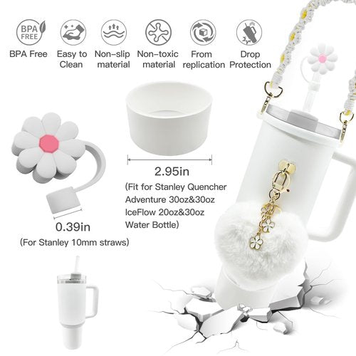 Stanley Tumbler Cup Accessories Set - 20oz, 30oz, 40oz With Silicone Straw Cover, Water Bottle Handle Strap, Charms, Silicone Cup Boot (White)