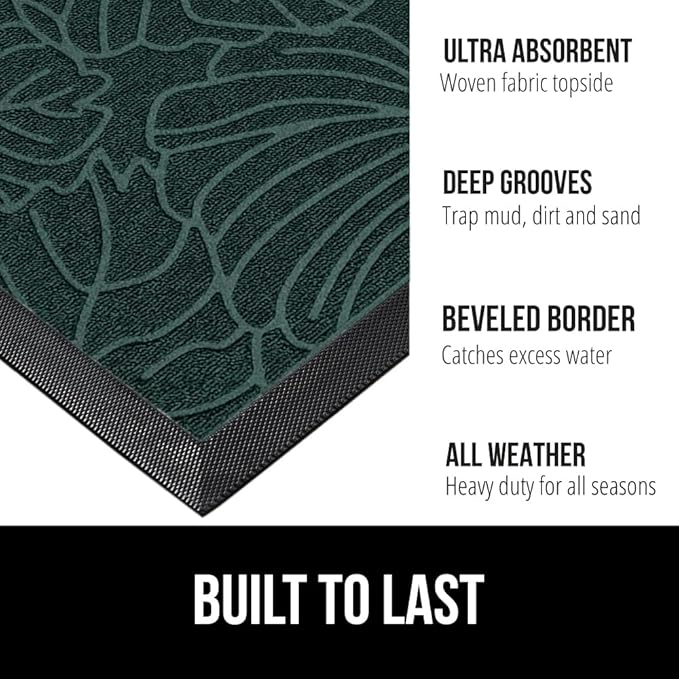 GORILLA GRIP 100% Waterproof All-Season WeatherMax Doormat, 47x35, Durable Natural Rubber, Stain and Fade Resistant, Low Profile, Indoor Outdoor Door Mats, Easy Clean Patio Entrance Mat, Green Palm
