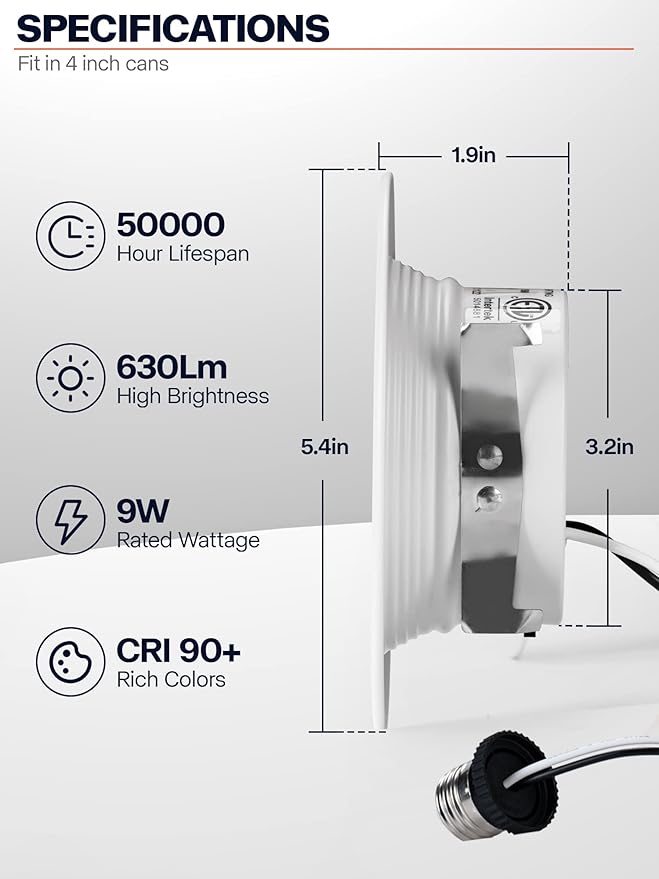 12 Pack 4 Inch LED Can Lights Retrofit Recessed Lighting, 5CCT 4 Inch Recessed Downlight Selectable 2700K-6000K Dimmable, 9W 630LM Recessed Lights with Metal Smooth Trim- ETL and Energy Star Certified