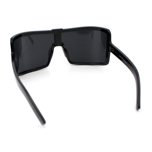 Fancy Large Oversized Curved Panel Monoblock Shield Sport Plastic Sunglasses All Black