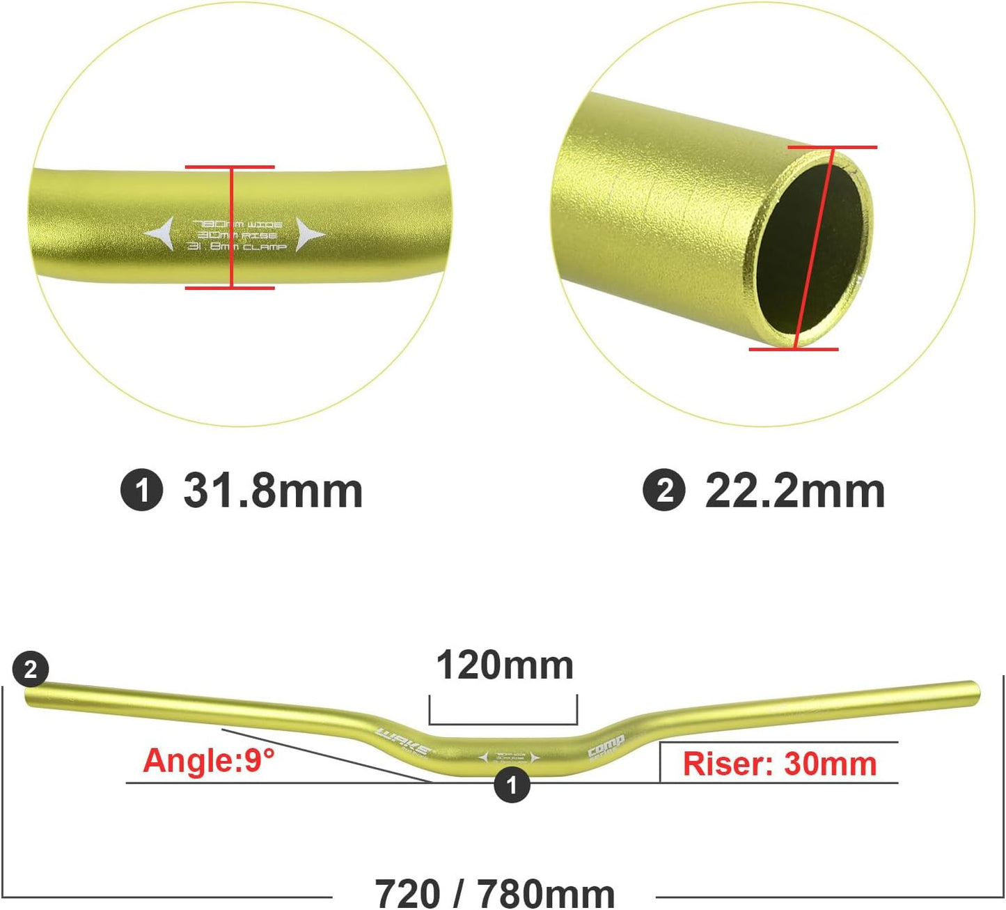 Wake Bicycle Handlebars 31.8 mm Mountain Bike Handlebar 720mm/780mm Aluminium Alloy MTB Handlebar Bicycle Riser Bars Extra Long Bicycle Handlebars for Downhill Cycling Racing