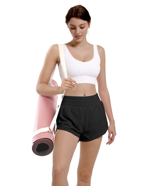 Womens Athletic Running Shorts Quick Dry Workout High Waisted Active Short with Zipper Pocket Sport Layer Gym Liner Elastic Lightweight Yoga Soft Split Leg Casual Walking Outfits Fall Black