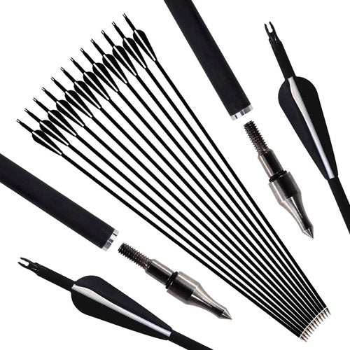 Luoyer 12Pcs Archery Hunting Arrows for Compound Bow Recurve Bow Carbon Arrows with Removable Tips Adjustable Nocks for Adults Hunting Targeting 30inch (Black Vanes)