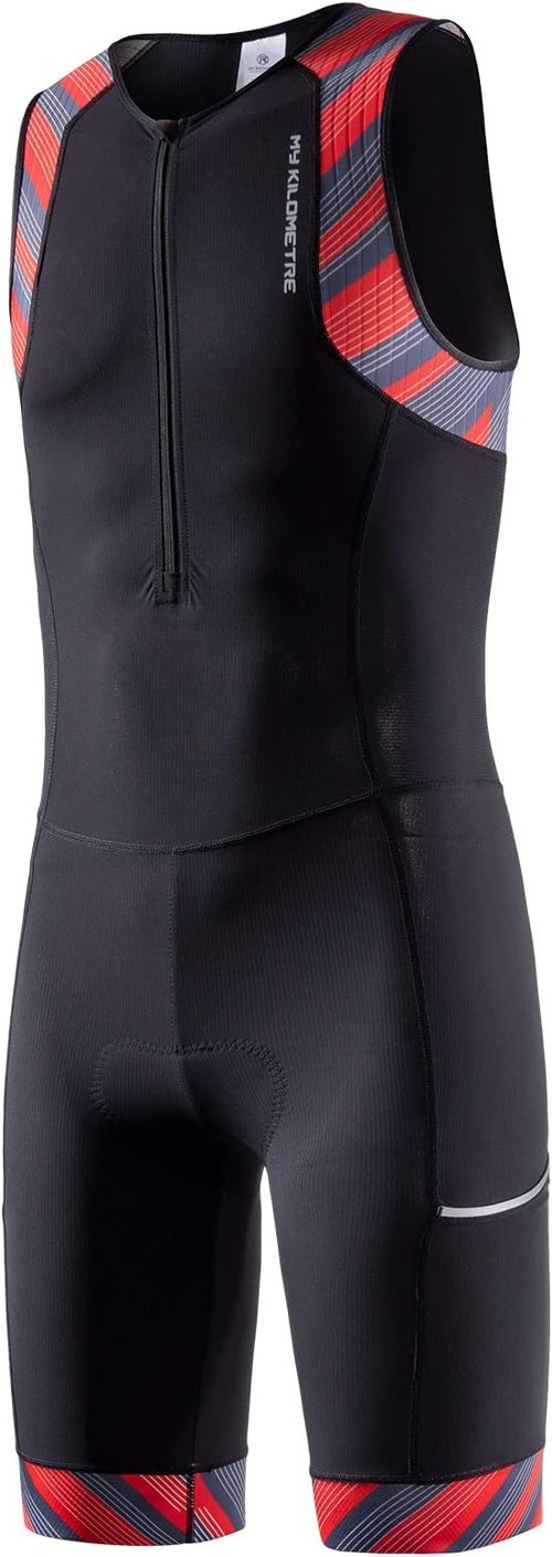 MY KILOMETRE Men’s Triathlon Tri Suit with 2 Big Side Pockets Triathlon Racing Suit with Front Zip