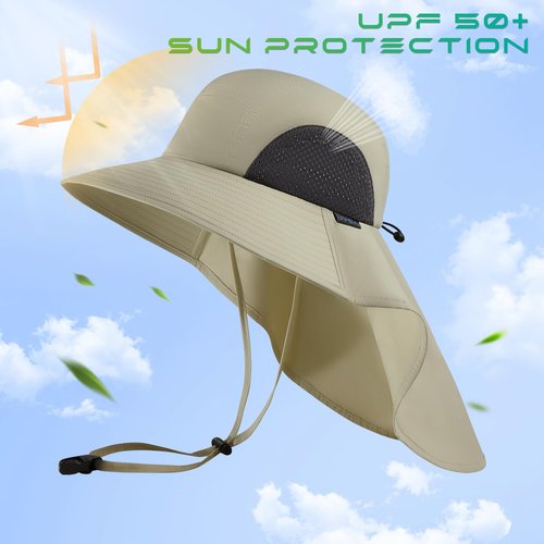 UVSAI UPF 50+ Foldable Sun Hats Wide Brim with Large Neck Flap for Men Women UV Protection Gardening Fishing Beach Hat Beige