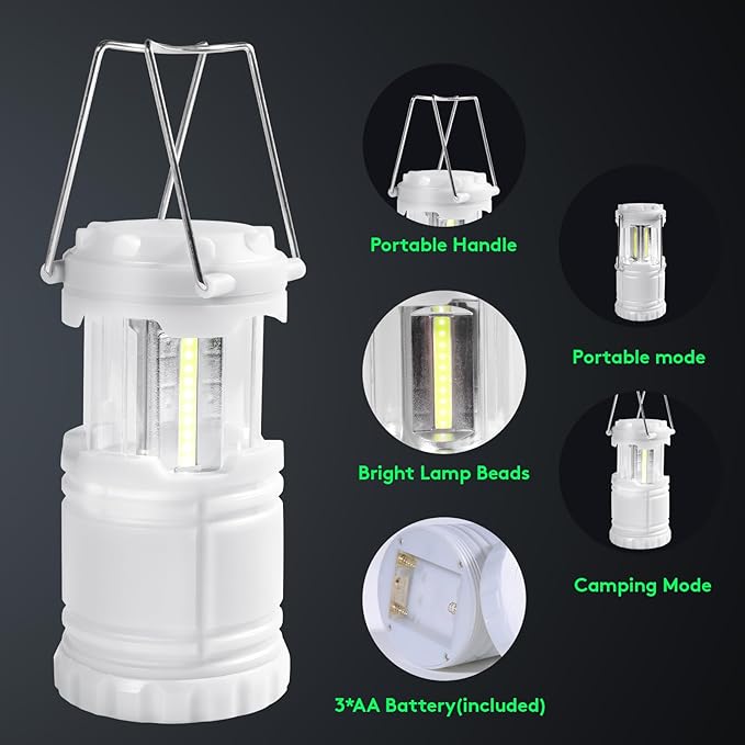 KUNHE LED 4 Pack Glow-in-The-Dark Camping Lanterns Battery Powered (Includes 12 AA Alkaline Batteries) 350 Lumens IPX4 Water Resistant Lanterns for Power Outages Earthquake Emergency Kit