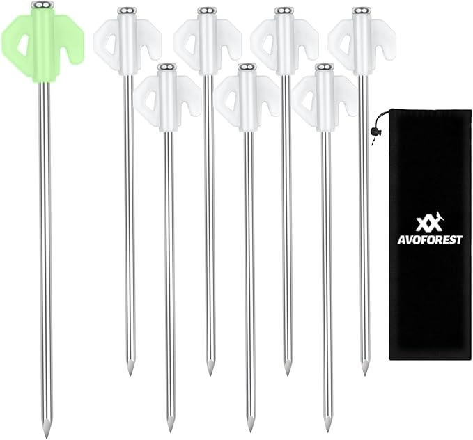 8pcs Heavy Duty Stakes,AVOFOREST in The Dark 8.66 Inch Tent Stakes Portable Camping Stakes for Camping Patio, Garden, Canopies, Grassland, Outdoor