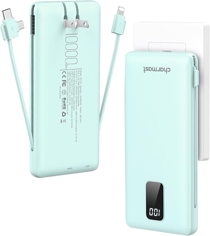 Charmast Portable Charger with Built-in Cables and Plug, 10000mAh USB C Power Bank Fast Charging 15W, External Battery Pack Slim, Travel Essentials Compatible with 16 15 14 13, Samsung Galaxy, iPad