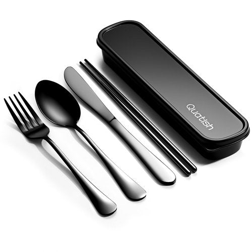 Travel Utensils with Case, Quatish Portable Silverware Set for Work, Stainless Steel Reusable Travel Cutlery Set, Fork and Spoon Set for Picnic, Camping, Gadgets, Lunch Box for Men, Black