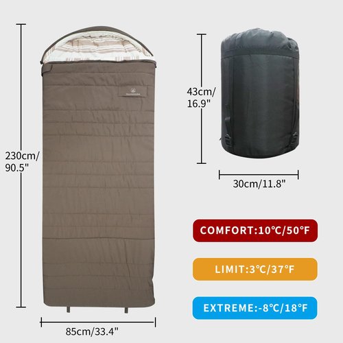 Mountainlodge Peach-Skin Shell and Cotton Lining Sleeping Bag for Adult Cold Weather&Warm with Compression Bag&Carry Bag and Detachable Hood for Camping,Travel and Car Camping (Brown with Right Hand)