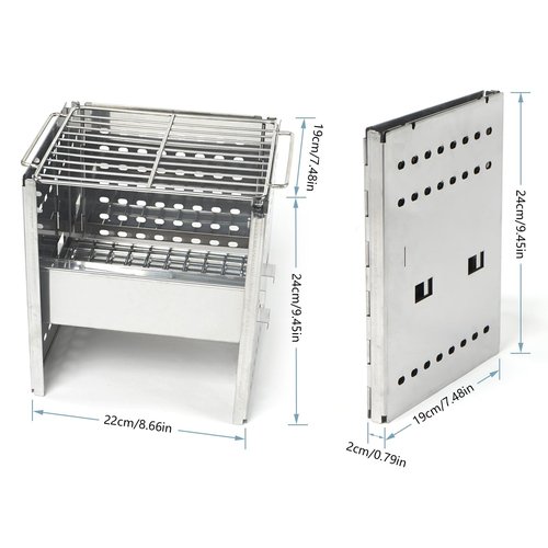 HAWOK Stainless Steel Folding Outdoor Stove with Carrying Bag and Stainless Steel Grill, 8.7"L x 7.5"W x 9.5"H, Portable Wood Burning Grill