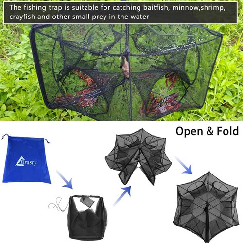 Drasry Black Fishing Bait Trap Foldable Fish Net for Minnow Crab Crayfish Crawdad Shrimp Trap Cast Net Dip Cage Collapsible Easy Use 4 6 Hole Fishing Accessories (Black-4 Holes)
