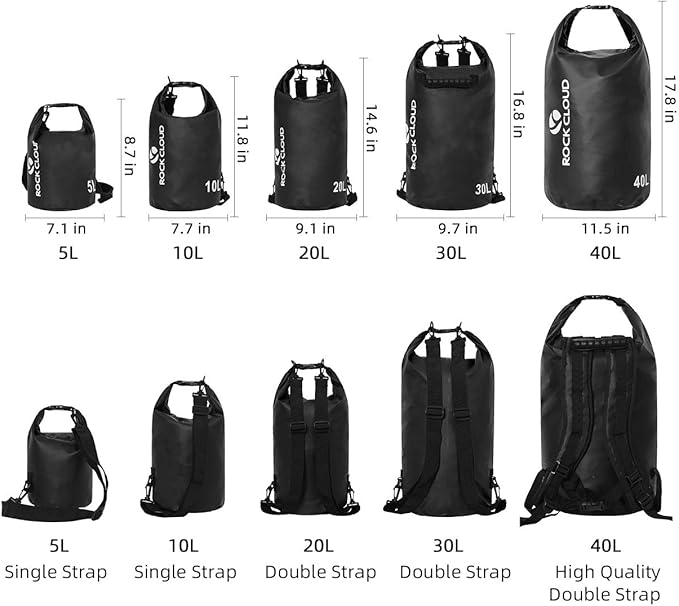 ROCK CLOUD Dry Bag Waterproof 40L Dry Sack for Kayaking Rafting Boating Beach Surfing Swimming Canoe Camping Hiking Fishing Ski, Black
