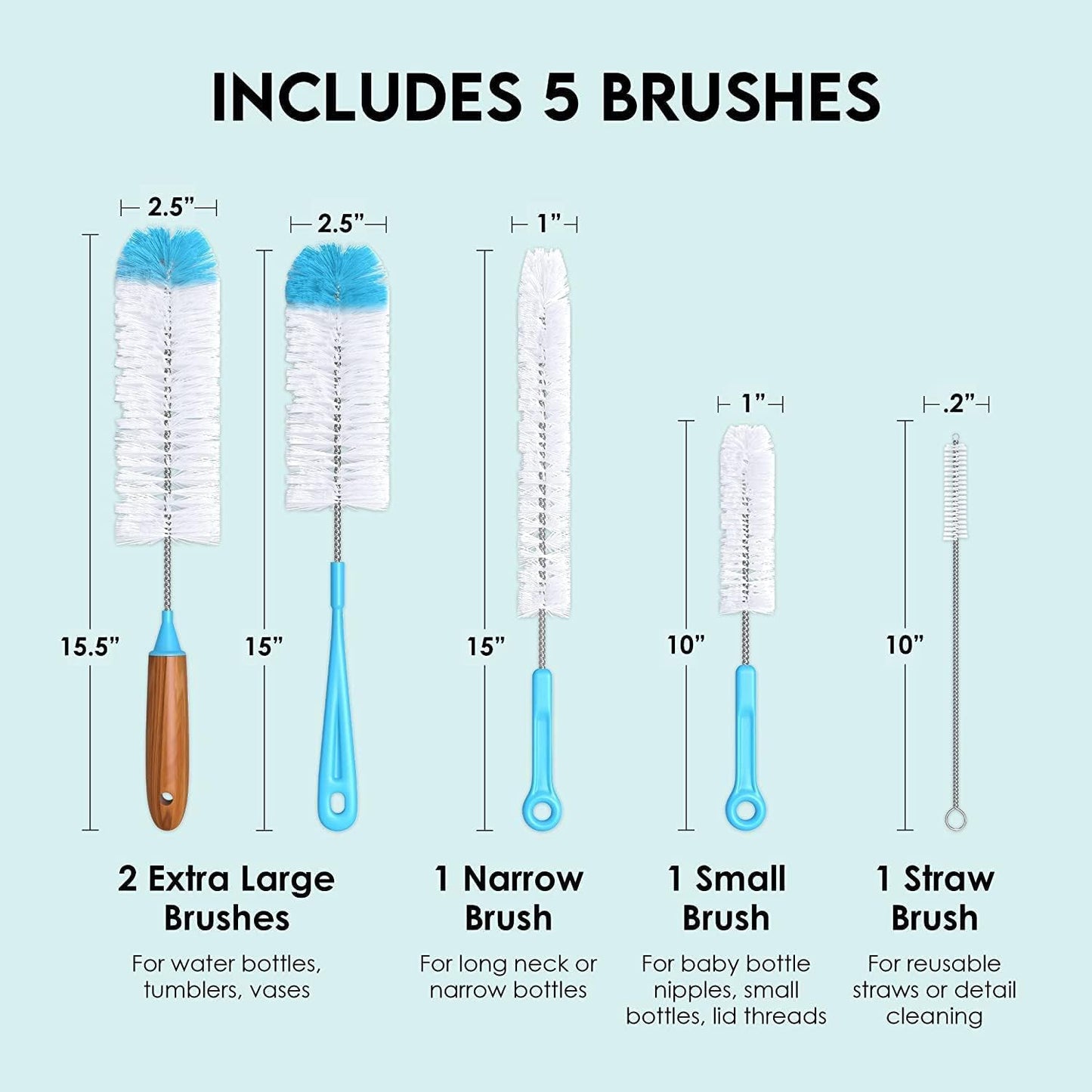 Turbo Microfiber Bottle Brush Cleaner Pack - Set of 5 Bottle Brushes for Cleaning Baby Bottles, Water Bottles, Tumblers, Wine Decanters, Flask, Bong, Vase Cleaner - One Straw Cleaner Brush