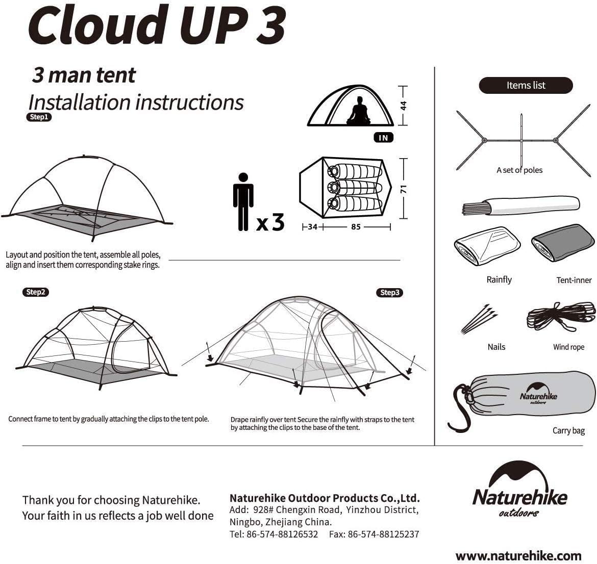 Naturehike Cloud-Up 3 Person Lightweight Backpacking Tent with Footprint - 3 Season Free Standing Dome Camping Hiking Waterproof Backpack Tents