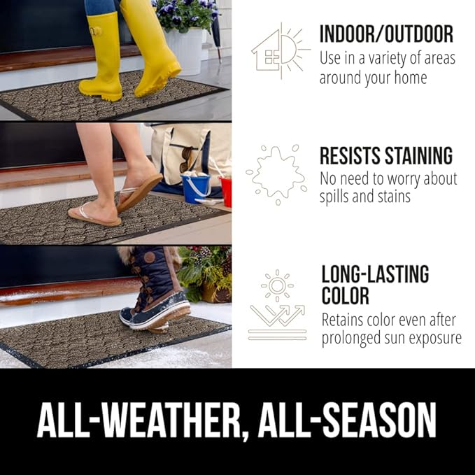 GORILLA GRIP 100% Waterproof All-Season WeatherMax Doormat, 23x35, Durable Natural Rubber, Stain and Fade Resistant, Low Profile, Indoor Outdoor Doormats, Easy Clean Patio Entry Mat, Latte Quatrefoil