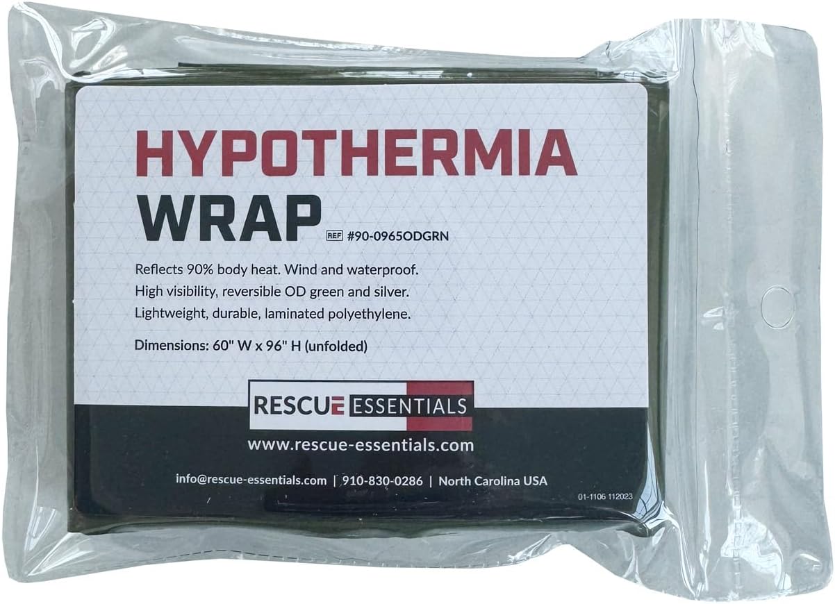 Rescue Essentials Hypothermia Wrap Blanket, Oversized 60" x 96", Mylar/Lightweight Polyethylene Fabric (OD Green)