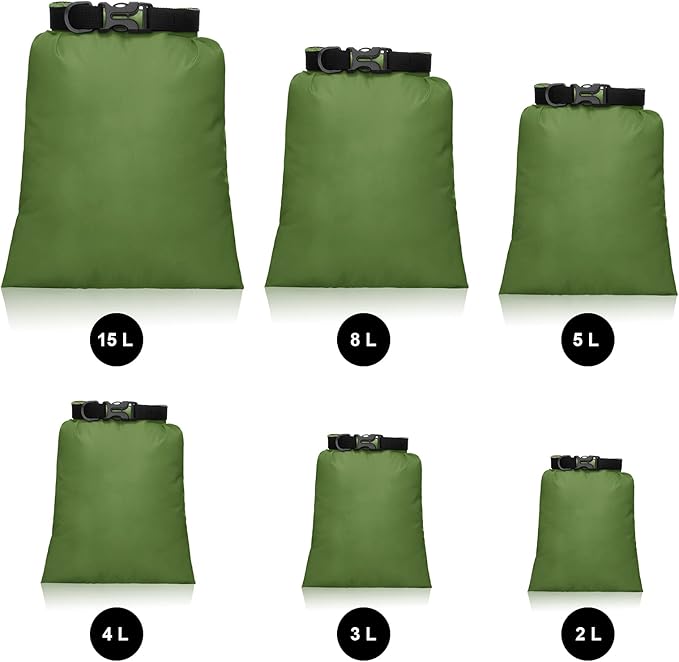 Shappy 6 Pcs Waterproof Dry Bag Set 6 Sizes Lightweight Sacks and Long Adjustable Shoulder Strap Outdoor Water Proof Keep Gear Dry Bag Stuff Sacks for Backpacking, Boating, Hiking, Camping (Green)
