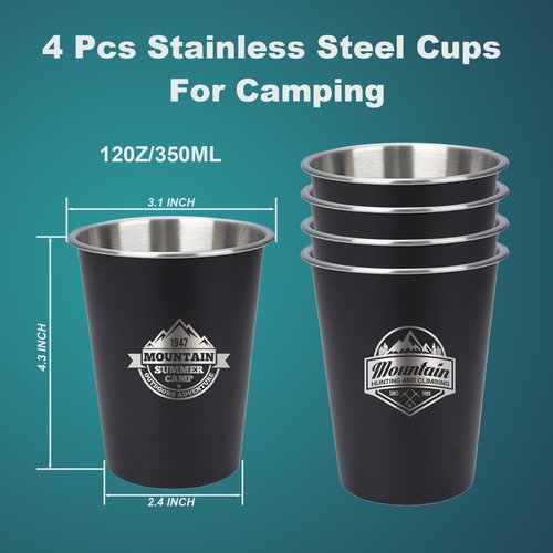 TNYAMI 4pcs Camping Cup - Mountain Theme 12oz Stainless Steel Camping Mug for Outdoor Picnic Hiking Fishing Tumbler