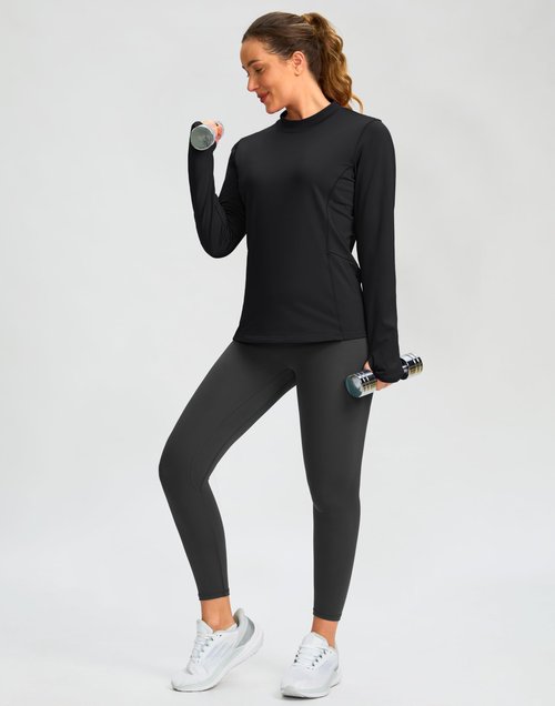 SANTINY Long Sleeve Thermal Shirts for Women Fleece Mock Neck Tops Winter Workout Running Gear with Zipper Pockets(Black_M)