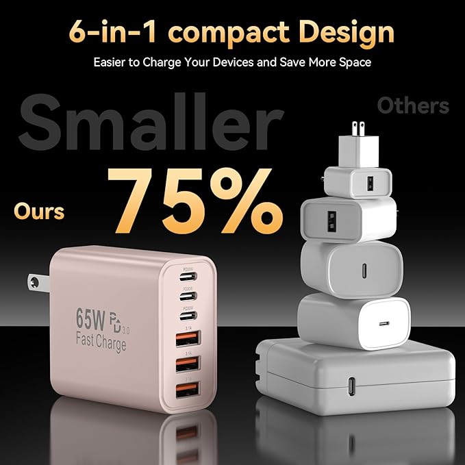 USB C Charger Block, 65W USBC Wall Charging Blocks 6-Port PD & QC Power Adapter Multiport Type C Fast Chargers Plug Cube Brick for iPhone 16/15/14/13/12/Pro Max,iPad Pro,Samsung Galaxy S25 Black