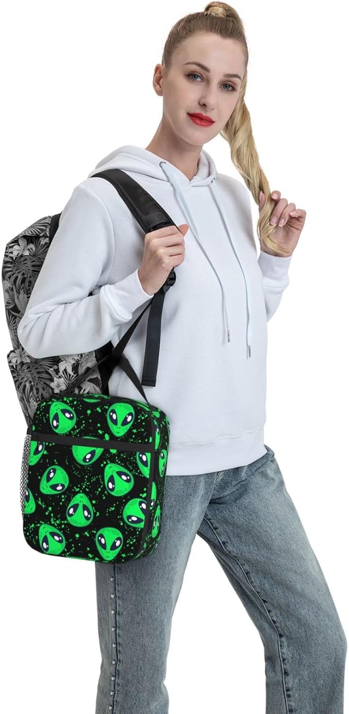 Green Alien Fun Insulated Lunch Bag Reusable Cooler Lunch Box Portable Leakproof Thermal Container Tote Bags for Girls Boys School Travel