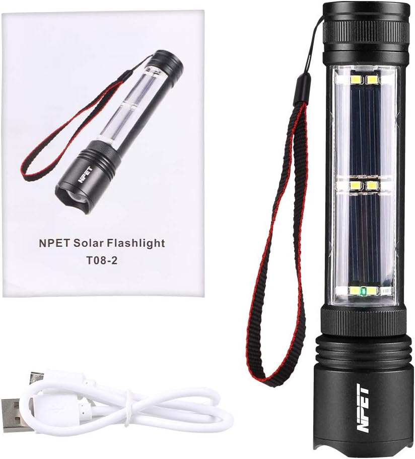 NPET T10 Car Flashlight 500 Lumens LED COB Light Solar Powered USB Rechargeable Tactical Multi-Function Torch Tool with 120dB Siren Window Breaker Seat Belt Cutter Compass for Camping