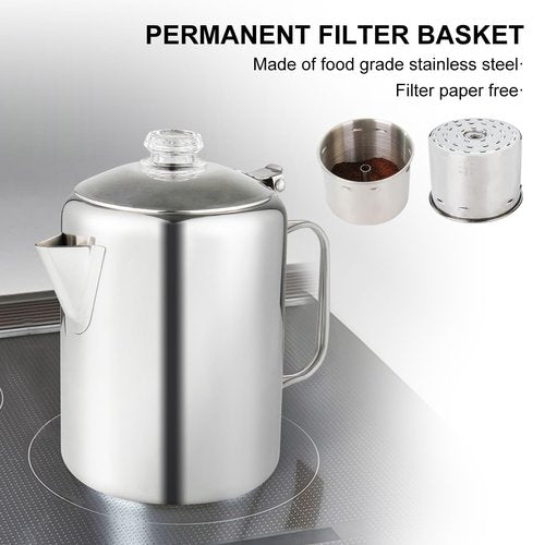 APOXCON Coffee Percolator Bundle with 2 Mugs Stainless Steel Coffee Maker with Heat Resistant Tough Glass Knob & Foldable Handle Using on any Stovetop Outdoor Camping NO Aluminum NO Plastic (8 Cup)